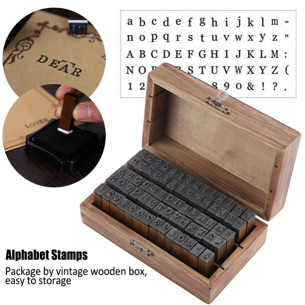 Crafts Tosnail 70 Pieces Rustic Mini Wood Rubber Stamps Letter Stamps Alphabet Stamps with Storage Box for Scrapbook Card Making 