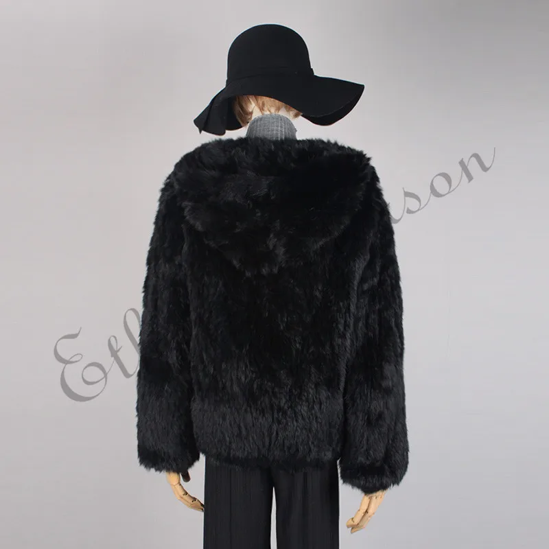 Этель Anderson женская вязаная шуба Настоящее Кролик Меховая куртка шквал капюшон на молнии с длинным рукавом толстые лучших верхней одежды