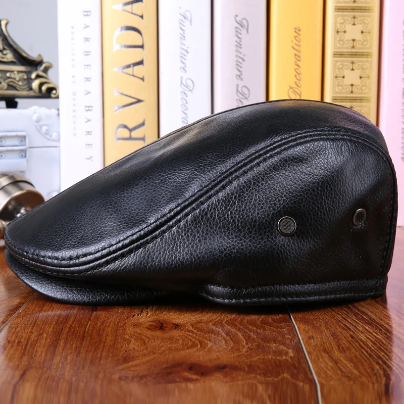 

New Arrival 100% Genuine Leather Hat Male Sheepskin Leather Visors Hat Adult Winter Warm Ear Protection Cap Elderly Hat B-7315