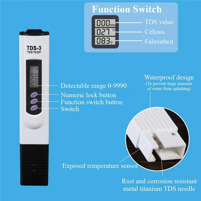 PH TDS метр Тесты er 0-9990ppm Портативный цифровая ручка цифровой высокоточный Фильтр измерения качества воды Чистота Тесты инструмент