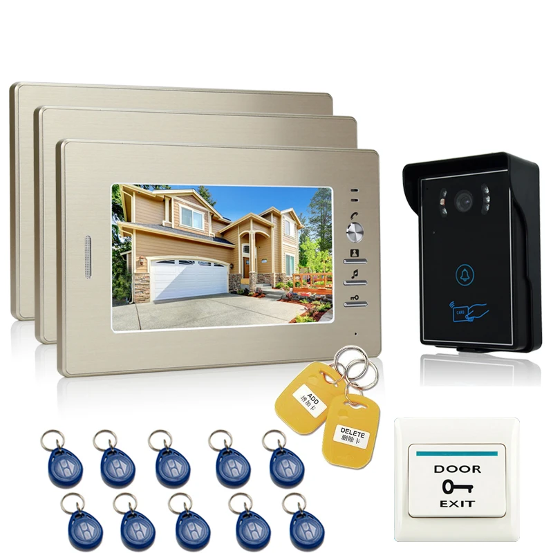 

JEX 7 inch Video Door Phone Intercom Entry System 700TVL Touch Key Waterproof RFID Access Camera with Room to Room intercom 1V3