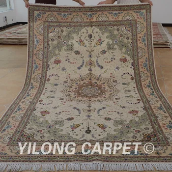 

Yilong 6'x9' Oriental hand knotted wool silk carpet beige thick exquisite area wool rugs (1421)