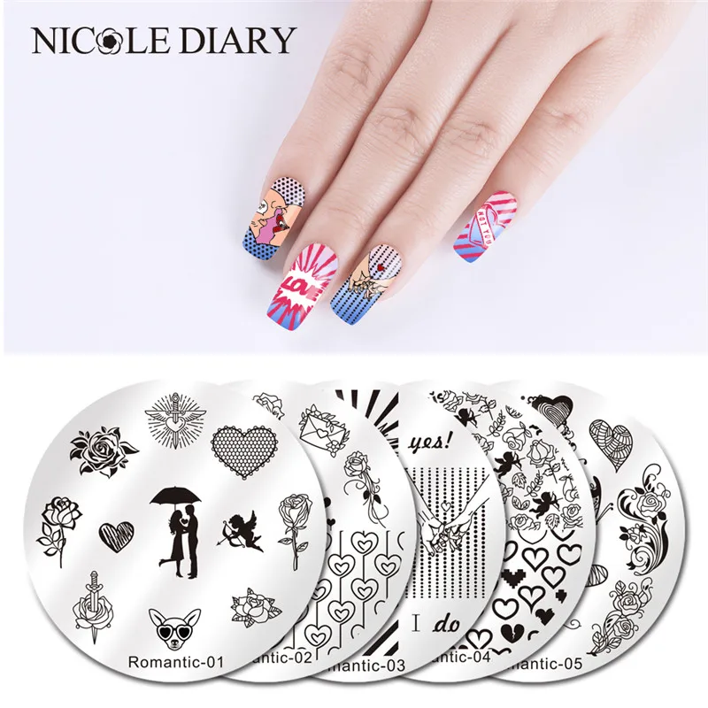 

NICOLE DIARY Valentine Lover Rose Round Stamping Template Recenatge Farm Crops Animal Manicure Nail Art Stamping Image Plate