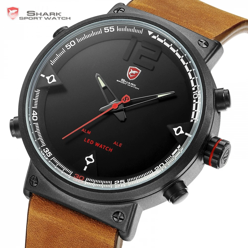 Bluegray Carpet Shark Sport Watch Black Men's Quartz Digital Analog LED Military Brown Leather Watches Relogio Masculino /SH546