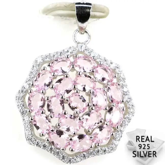 

Guaranteed Real 925 Solid Sterling Silver 3.0g Gorgeous Pink Kunzite White CZ Woman's Present Pendant 29x22mm
