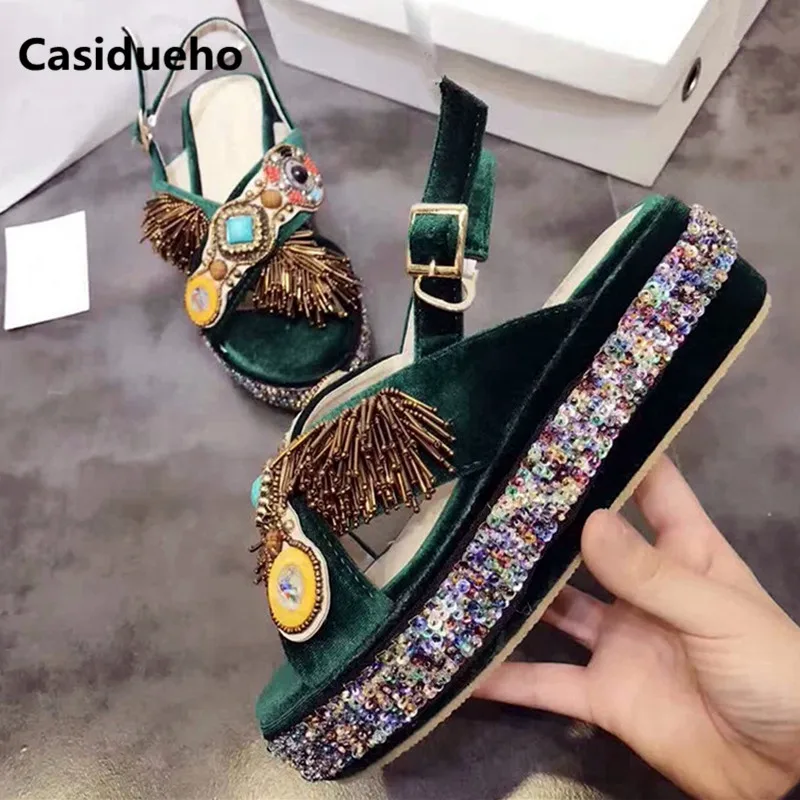 

Casidueho Sequins Platform Sandalias Mujer 2018 Flock Wedges Fringe Shoes Woman Bohemia Dress Gladiator Sandals Women Slippers