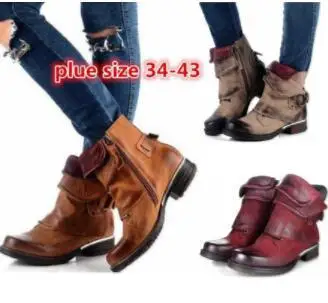 

XingDeng European Design Flat Square Heels Zip Motorcycle Boots Lady Party Western Buckle Rivets Turnup Ankle Boots Shoes 34-43