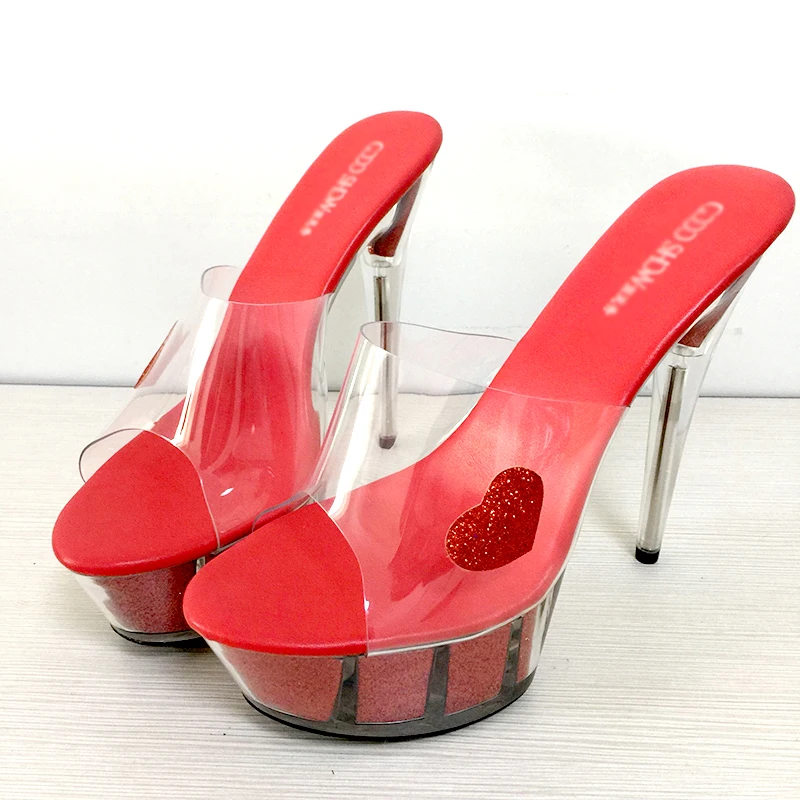 

Red Platform Slippers Women Shoes Slides Summer 15cm High Heels Glitter Ladies Shoes Transparent Shoes Peep Toe Clear Heels