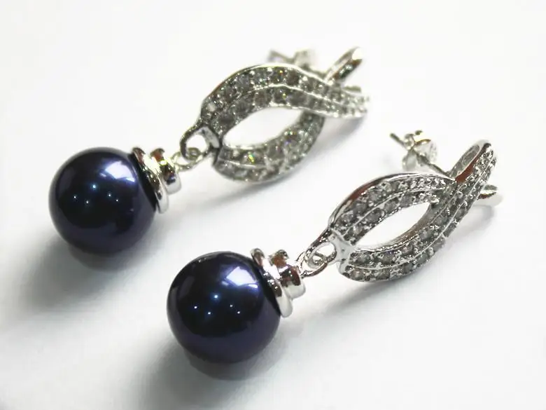 

latest fashion lady's beautiful silver plated leave shape +12mm dark blue shell pearl bread earring
