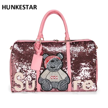 

2019 wholesale sequins sport bags ladies leather gym bag women fitness Training Luggage handbag travel duffel bag for womens