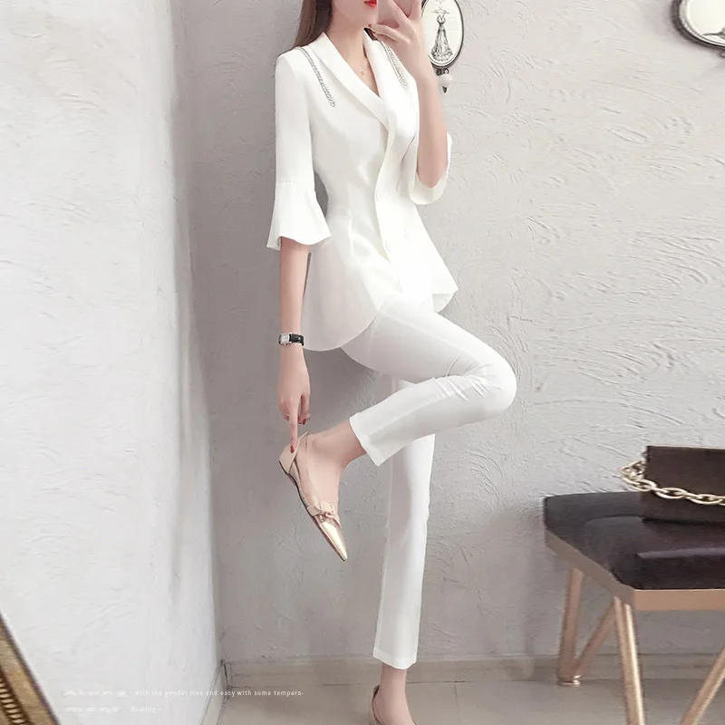 2019 new ladies suits Trousers and jacket for women white blazer Slim-fit double-breasted short-sleeved suit Pants suit female
