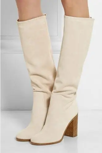 

Real Picture Winter Beige Boots Knee High Boots Woman Thick High heel boots Shoes Motorcycle Booties Rome Style Botas Mujer
