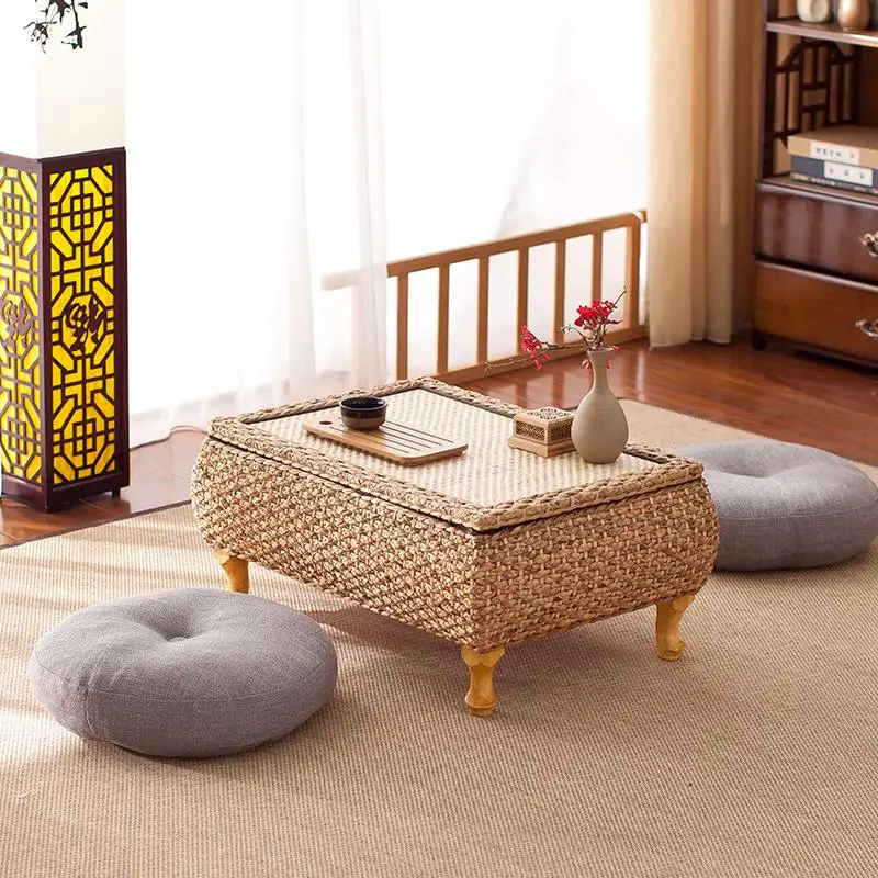 Ротанговый японский стиль эркер стол и табурет 3 комплекта комбинации садовый чайный столик низкий стол балкон соломенный журнальный столик - Цвет: 3-piece set