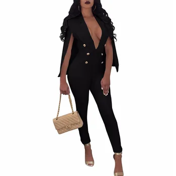 

JENYAGE Skinny Jumpsuit for Women Elegance Overalls Summer Party Club Button Sexy Deep V Neck Black Rompers Jumpsuit with Cloak