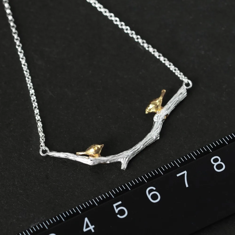 Lotus Fun Solid 925 Sterling Silver Pendants Necklaces for Women Double Lover Birds on Branch statement necklace wedding Jewelry