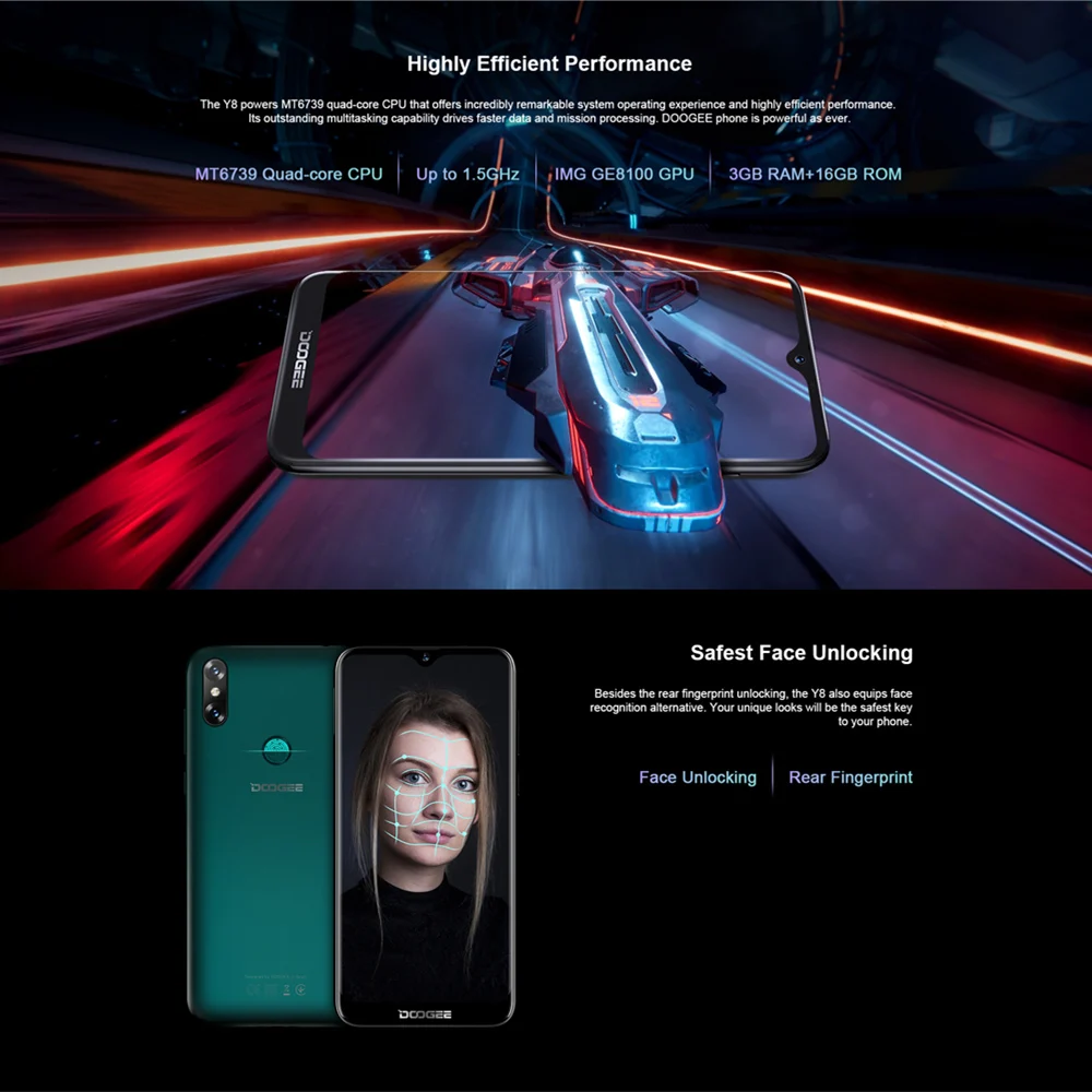 Doogee Y8 3 Гб оперативной памяти 16 встроенной распознавания лиц и функцией