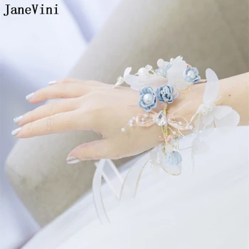 

JaneVini Elegant Blue Bridal Bridesmaid Hand Wrist Flower Artificial Silk Flower Pearls Wedding Prom Party Accessories Ramillete