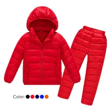 Детский хлопковый комплект спортивной одежды для мальчиков и девочек, зимний утепленный пуховик+ штаны, комбинезон, костюм г. детский зимний комбинезон