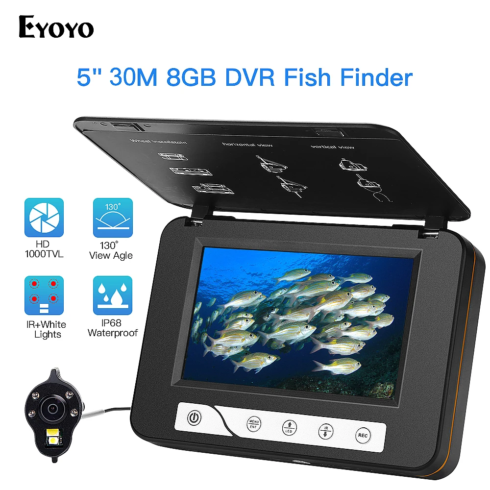 

EYOYO Fish Finder Underwater Fishing Video Camera DVR 5" TFT LCD Monitor IP68 HD 1000TVL Night Version Ice/Lake Fishing deeper