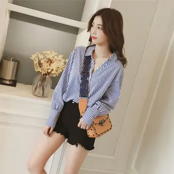 

New Autumn Women Striped Long Sleeve Shirt Sexy V Neck Backless Tee Turn-Down Collar Loose Blusas Femme Casual Tops
