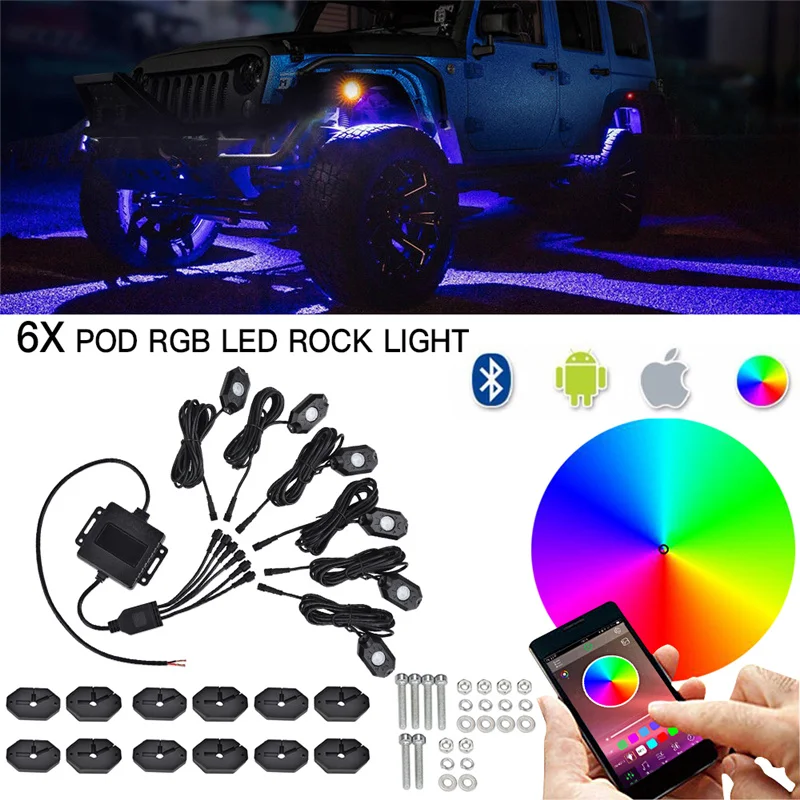 8X Pod RGB LED Rock Lights Wireless FR Remote Music Flashing Multi Color Car 4WD