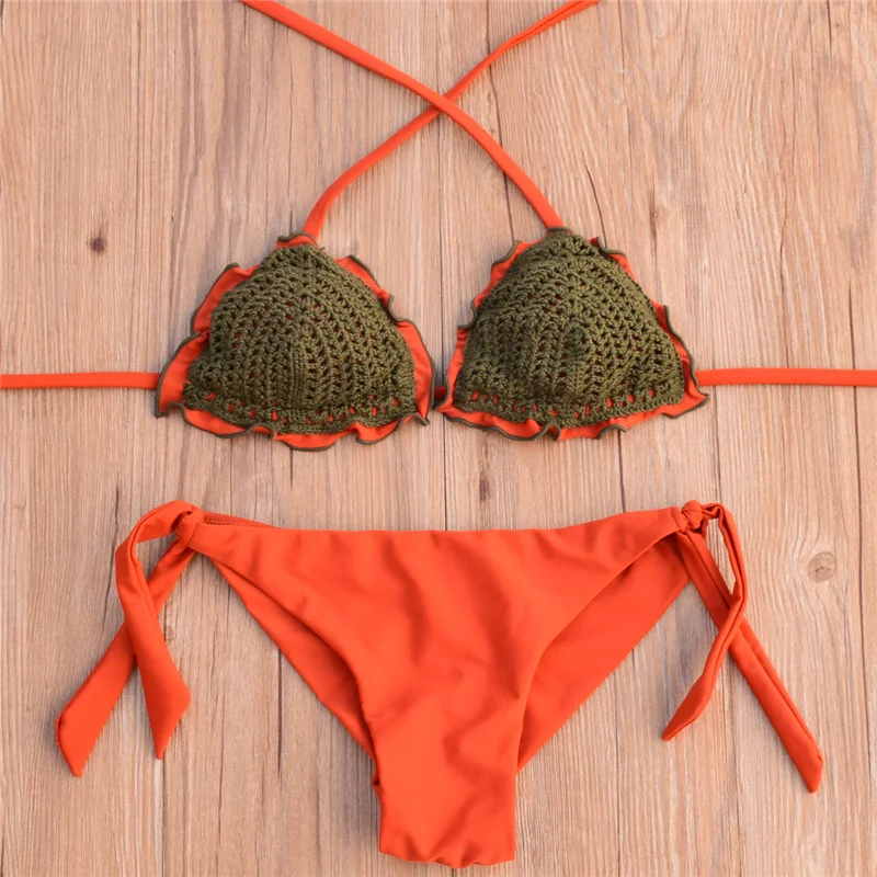 2019 Handmade Crochet Micro Thong Bikini Knitted Swimsuit Girls Brazilian Bikini Set Bralette Solid Halter Swimwear Women (32)