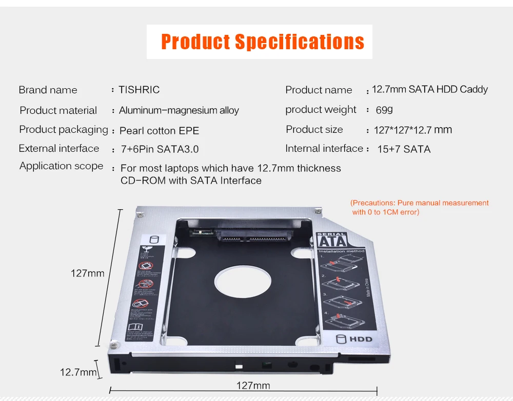 TISHRIC алюминиевый 2-ой HDD Caddy 12,7 мм SATA 3,0 Optibay коробка для жесткого диска корпус DVD адаптер чехол 2,5 SSD для ноутбука