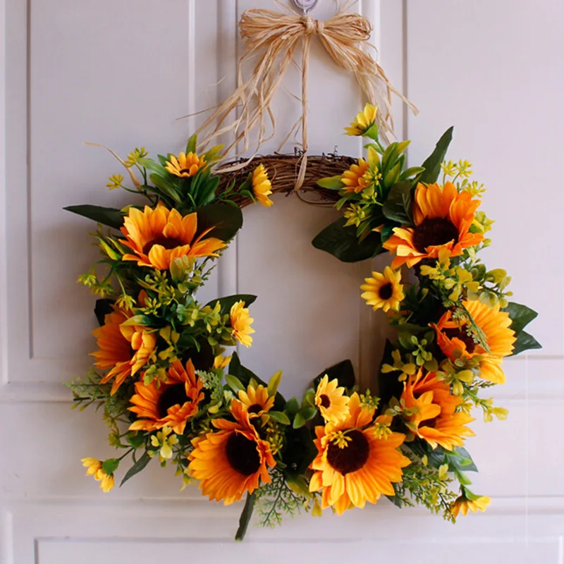 

Artificial Sunflower Wreath Flower Wreath with Yellow Sunflower and Green Leaves for Front Door Wall Wedding Home Decoration NEW