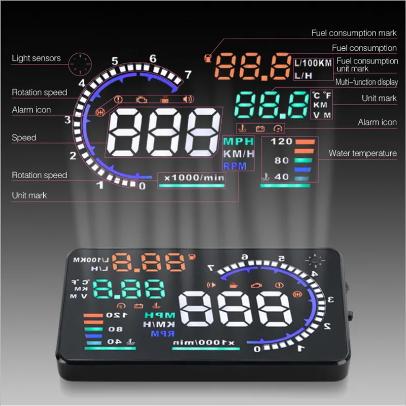 Абсолютно светодиодный ветрового стекла проектор A8 5," HUD 3,5 дюймов Дисплей OBD2 HUD сканер Скорость Предупреждение автомобильный коллиматорный Дисплей