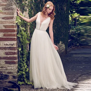 

Ladies V Neck Beach Wedding Dresses Beaded A Line White Tulle Sexy Simple Free Shipping Custom Made Bridal Gowns 2019