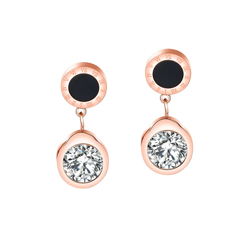

JeeMango Black Circle Design Earring Stainless Steel Inlaid Cubic Zirconia Roman Numerals Stud Earrings For Women Brincos OGE456