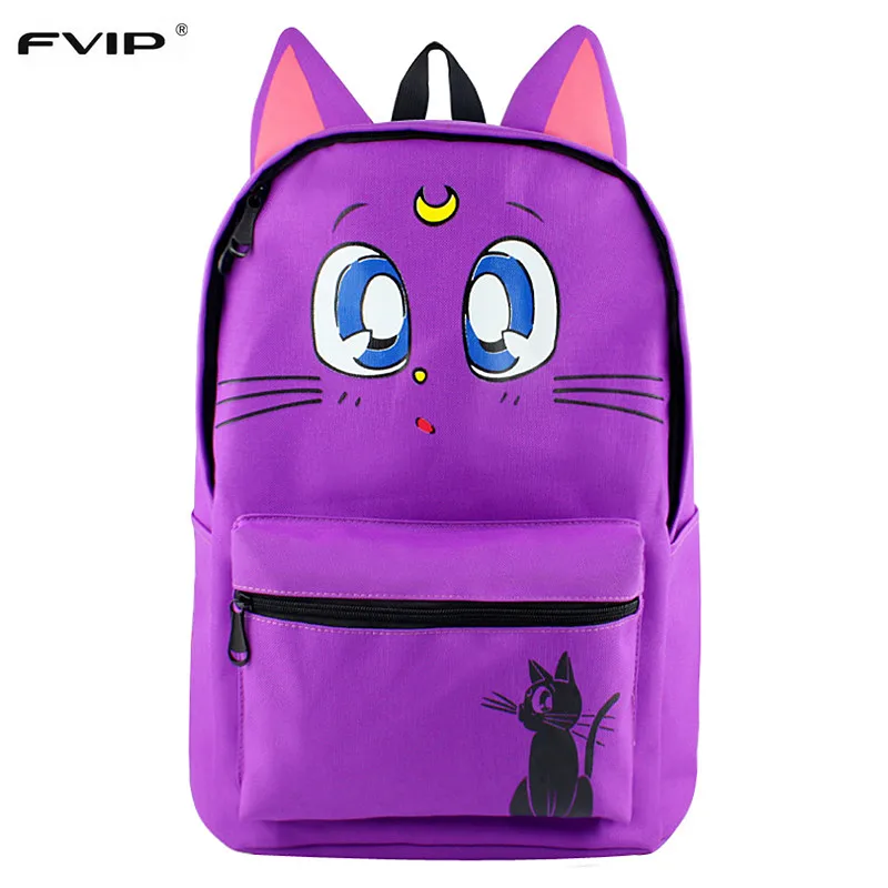 

FVIP Luna Cat Backpack For Young Lady Cute Cat Ear Backpacks for Teenage Girl Travel Sailor Moon Canvas Backpack Mochila