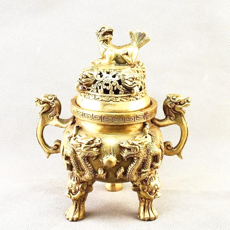 Brass carved Dragon &FOO FU Dog Incense Burner/Censer Statue TIAN GOU Furnace /Fenshui Brass