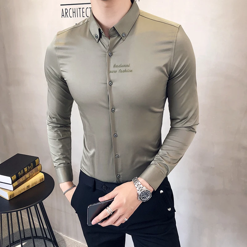 

2018 autumn embroidery men's long-sleeved shirt Korean version of Slim business youth handsome British casual shirt