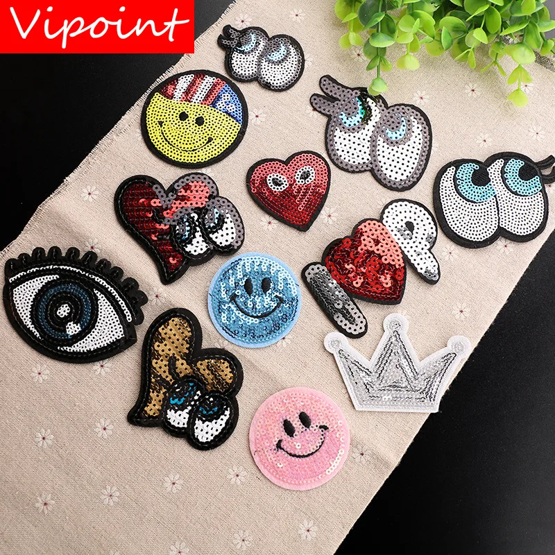 

VIPOINT embroidery Sequins eyes love heart patches smile crown patches badges applique patches for clothing YX-289