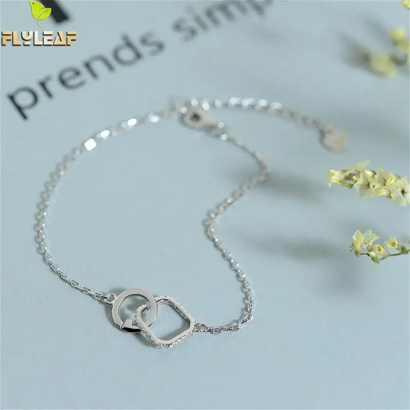 

Flyleaf 925 Sterling Silver Bracelets For Women Square Circle Cubic Zirconia Simple Fashion Fine Jewelry Bracelets & Bangles