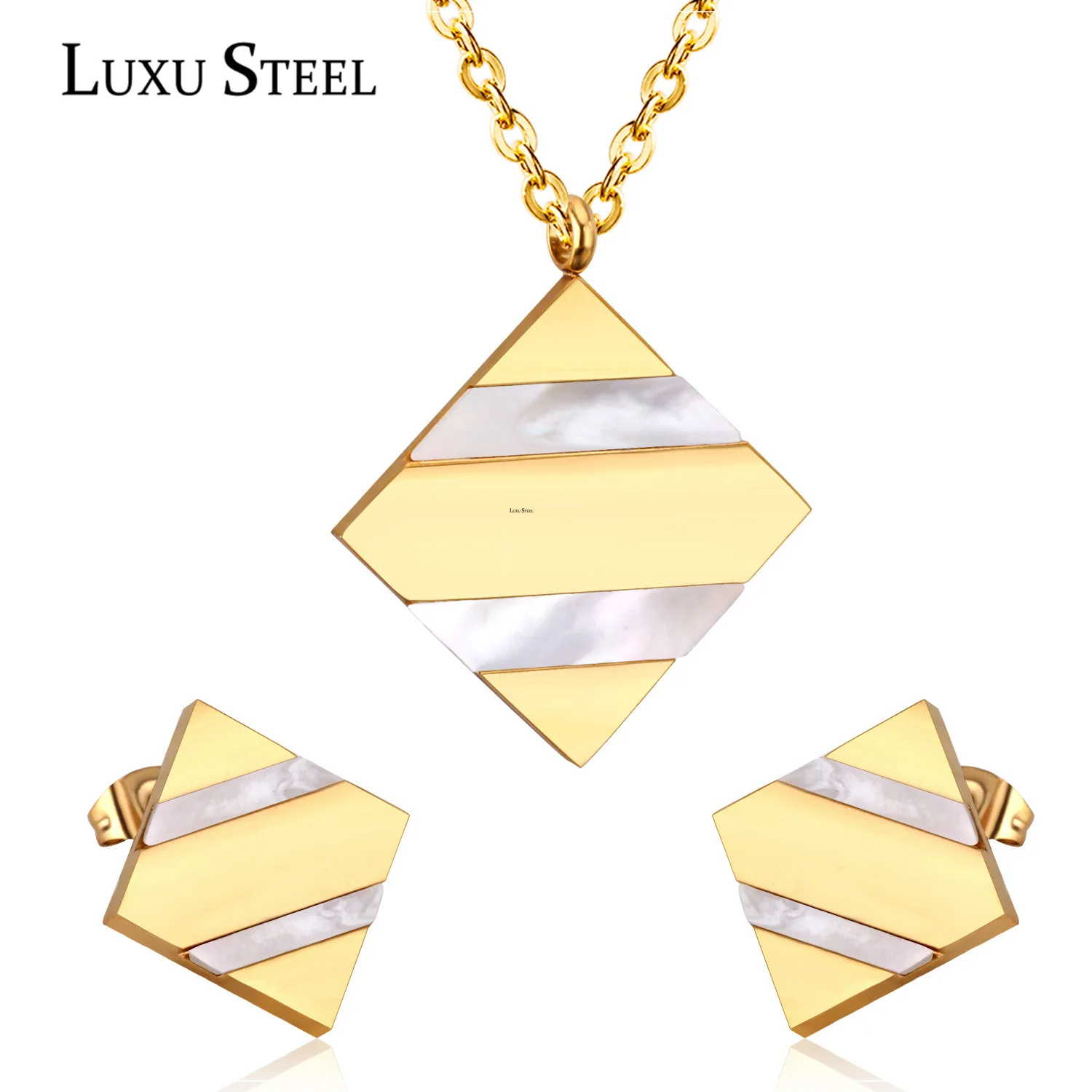 

LUXUSTEEL Female Accessories Stainless Steel Geometry Shell Pendant Necklace Earring Sets Gold/Silver Link Chains Necklace Party