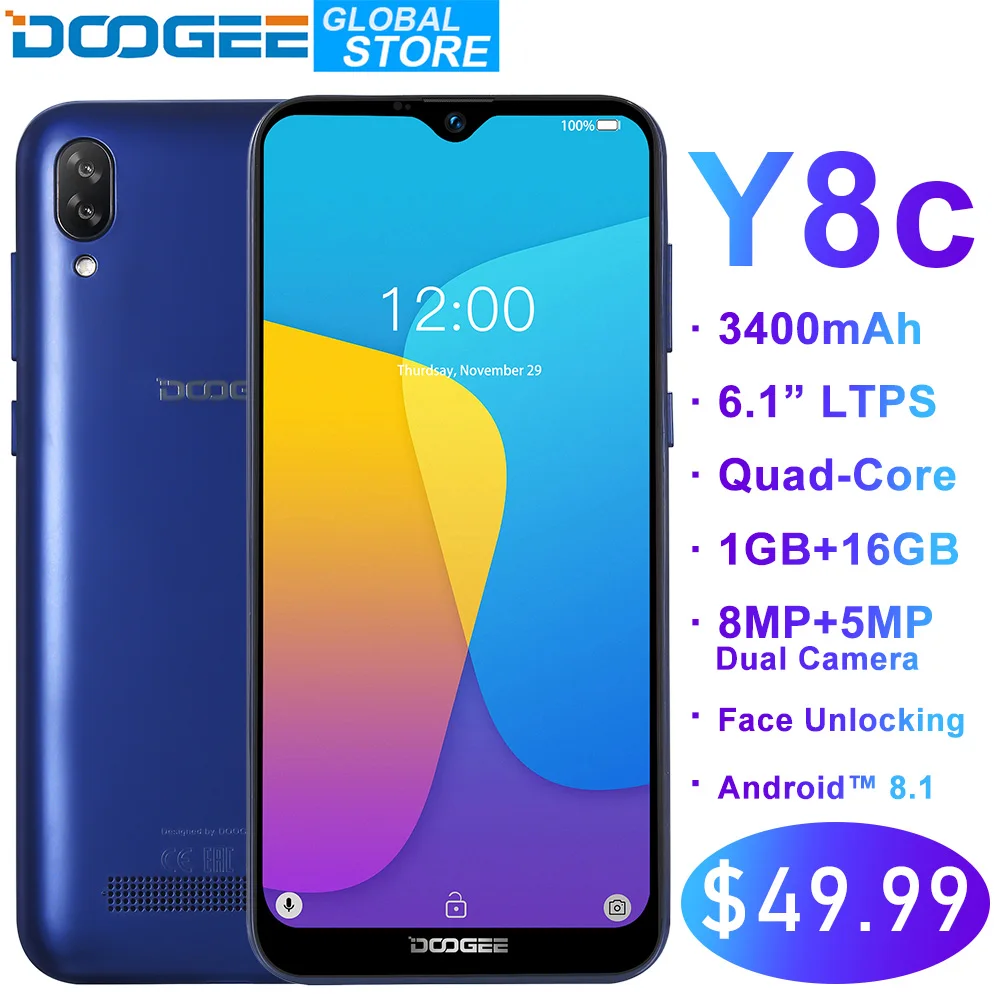 Original DOOGEE Y8c Android 8.1 6.1inch Waterdrop LTPS Screen Smartphone MTK6580 1GB RAM 16GB ROM 3400mAh Dual SIM 8MP+5MP WCDMA Original DOOGEE Y8c Android 8.1 6.1inch Waterdrop LTPS Screen Smartphone MTK6580 1GB RAM 16GB ROM 3400mAh Dual SIM 8MP+5MP WCDMA