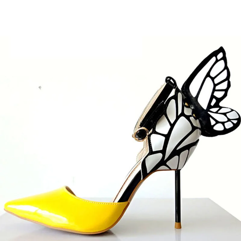 Big Size 2018 Thin High Heels Genuine Leather Women Pumps 10cm,Butterfly Heels Sandals Sexy Wedding Shoes Party yellow Pumps
