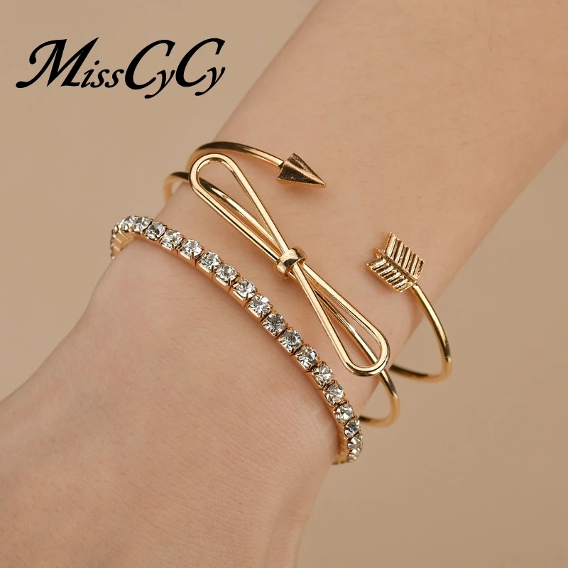 

MissCyCy 3Pcs/set Adjustable Rhinestone Bracelet for Women Bowknot Arrow Bracelets Cuff Bangle Female Jewelry Accessories