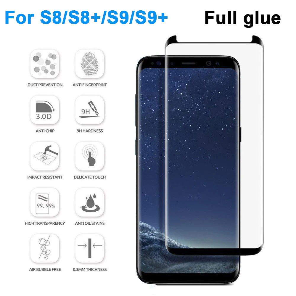 DHL100PCS 3D с закругленными углами и полным Клей закаленное Стекло для samsung s9 plus s8 полностью приклеились Стекло пленка для Galaxy note8 9