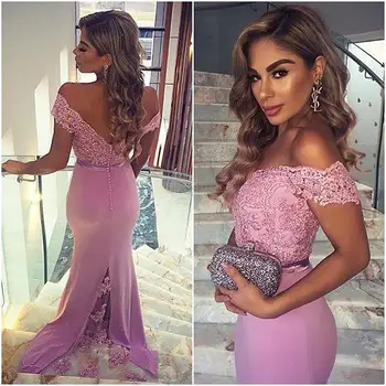 

2019 Charming Off the Shoulder Mermaid Prom Dresses Lace Appliqued Fitted Backless Prom Evening Gowns Vestidos