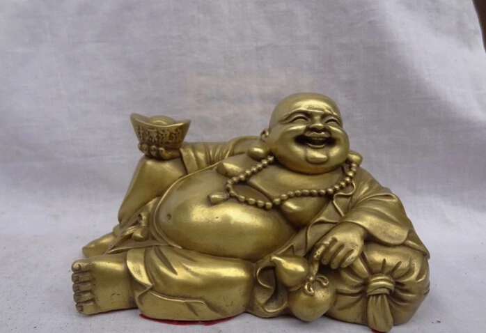 

S4196 Chinese Pure Brass YuanBao Happy Laughing Maitreya Buddha Bead Gourd Statue D0317