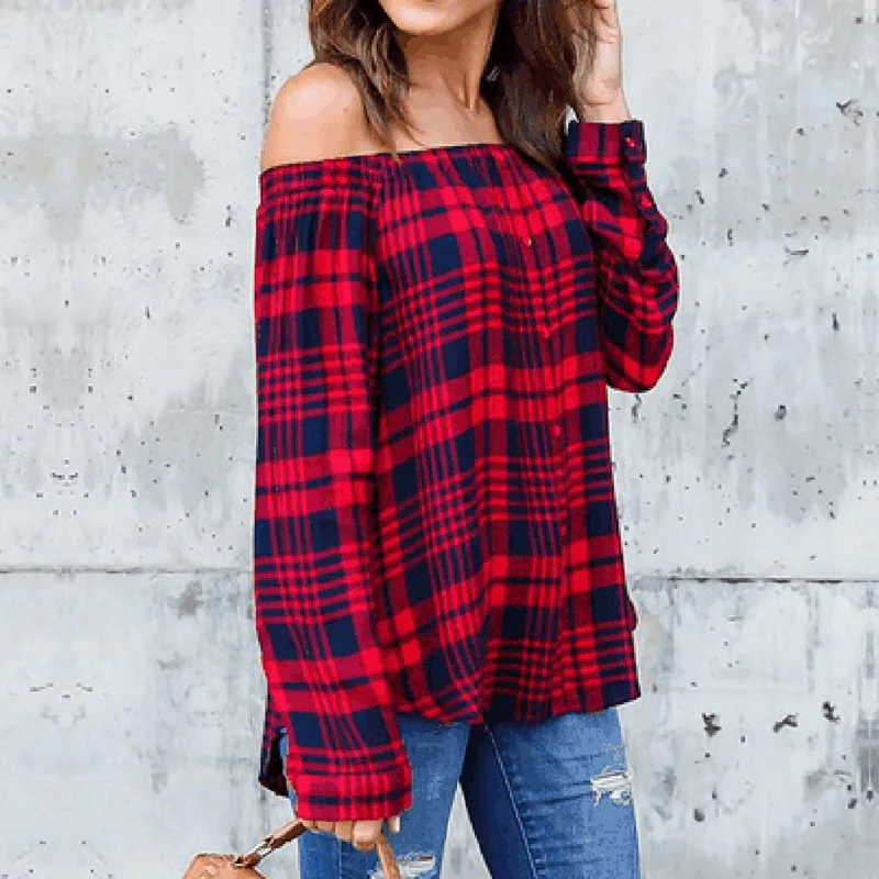 Laamei 2018 Autumn Women Plaid Plaid Off Shoulder Blouse Casual Long Sleeve Loose Button Tops Ladies Striped Party Shirts Z50 Blouses
