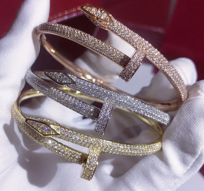 

Women size Brand designer copper jewelry AAA two layer cubic zirconia nail bangle full of cz crystal silver hoop bracelet