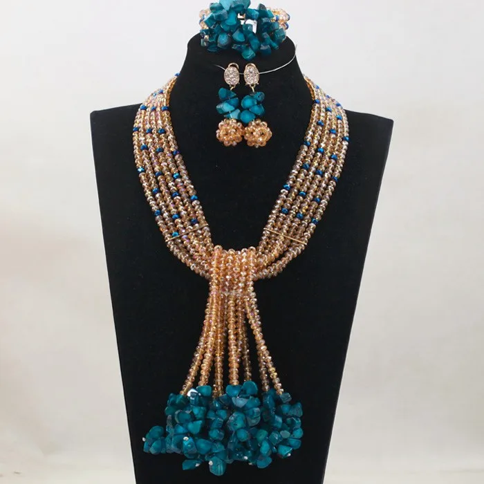 Синий кулон Коралл Африканские свадебные бусы комплект ювелирных изделий золотой микс синий ожерелье Нигерийским бисером комплект ювелирных изделий WA489