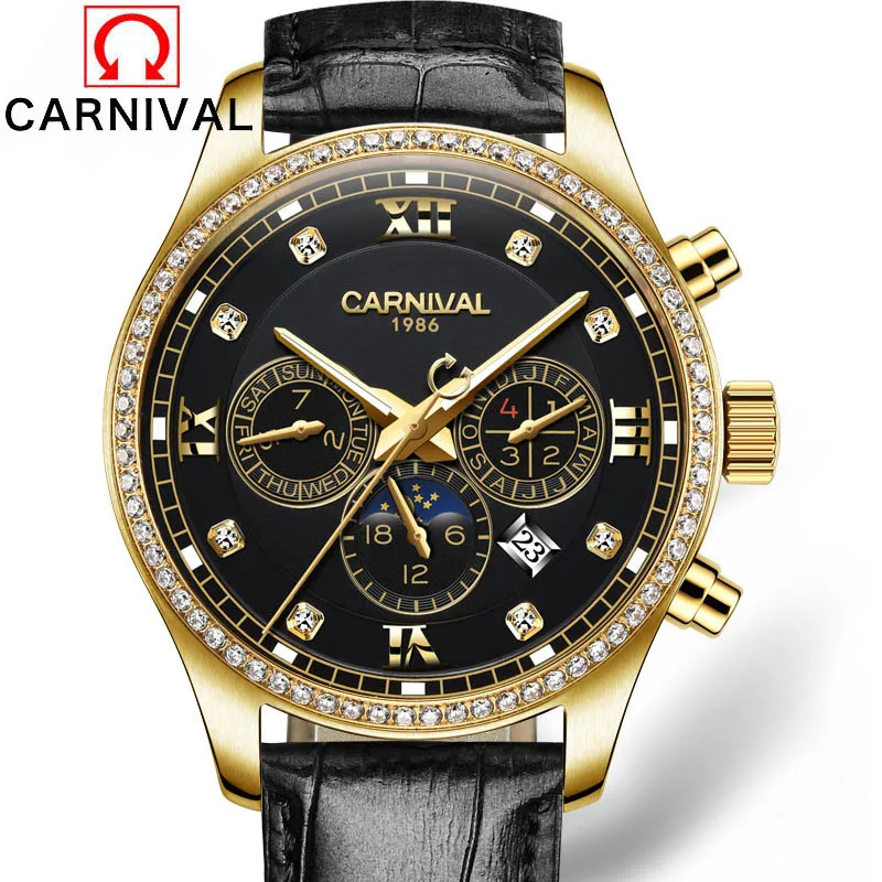 

Carnival Top Brand Luxury Royal Diamond Design Black Gold Watch Montre Homme Mens Watches Relogio Male Skeleton Mechanical Watch