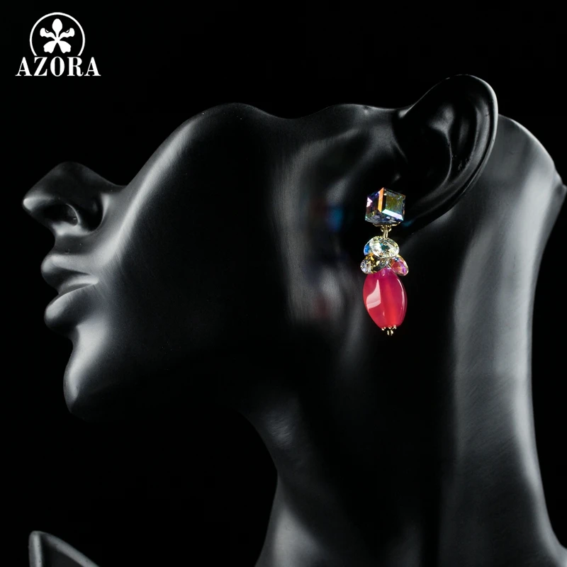 AZORA New Arrival Sparking Colorful Cube and Round Stellux Austrian Crystal Drop Earrings TE0272