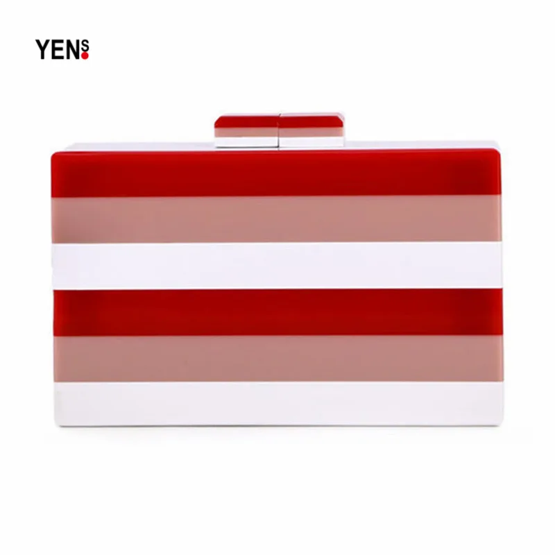 

New Brand Fashion Women Evening Bag Striped Patchwork Acrylic Handbag Luxury Prom Party Bag Small Shoulder Bag Casual Box Clutch