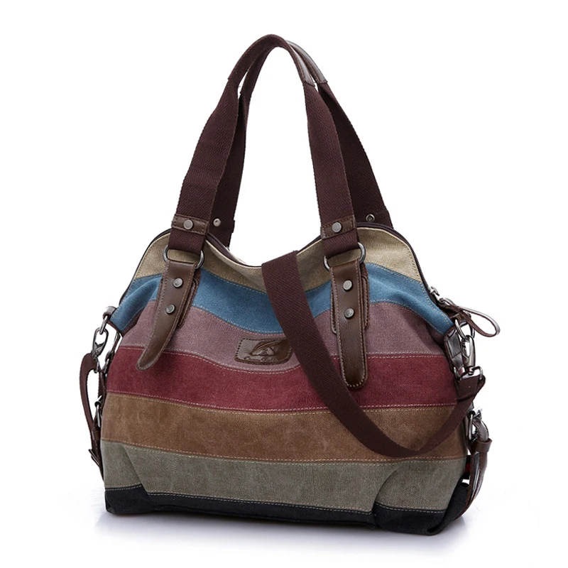 Contrast Color Striped font b Handbag b font Color matching Canvas Hobo Bag Women Fashion Casual